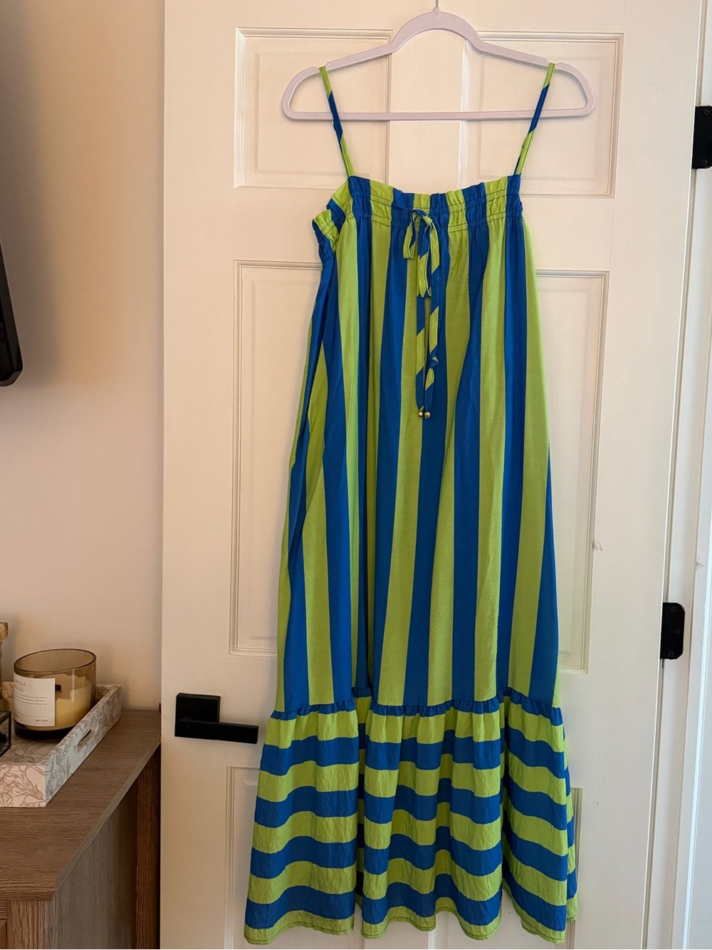 entro Blue and Lime Green Striped Spaghetti Strap Maxi Dress